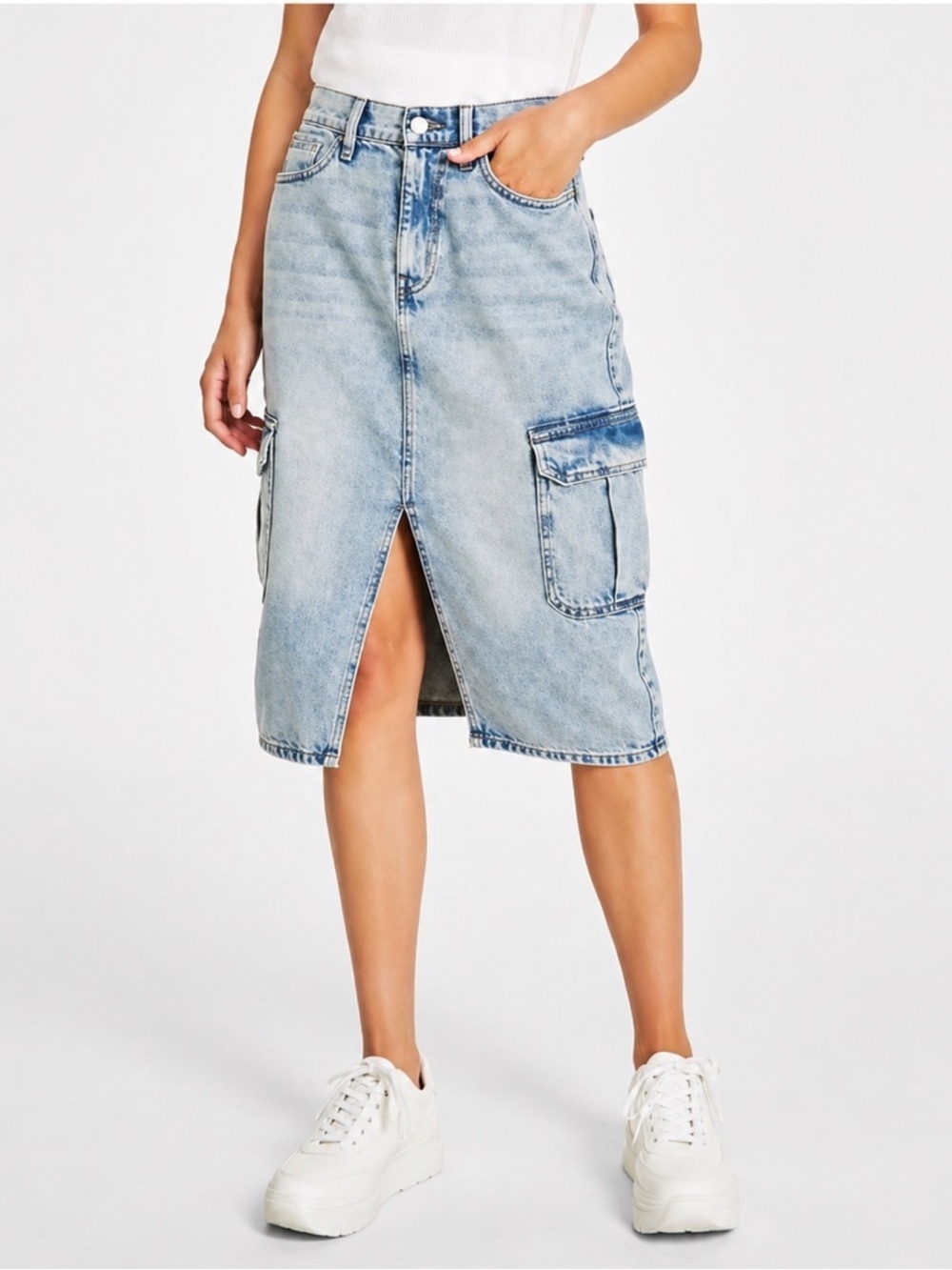 Calvin Klein High-Waist Light Acid Wash Denim Cargo Skirt